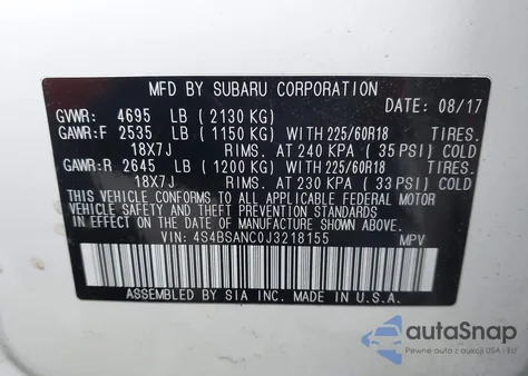 2018 Subaru Outback 2.5I Limited z USA, uszkodzony, nr VIN 4S4BSANC0J3218155